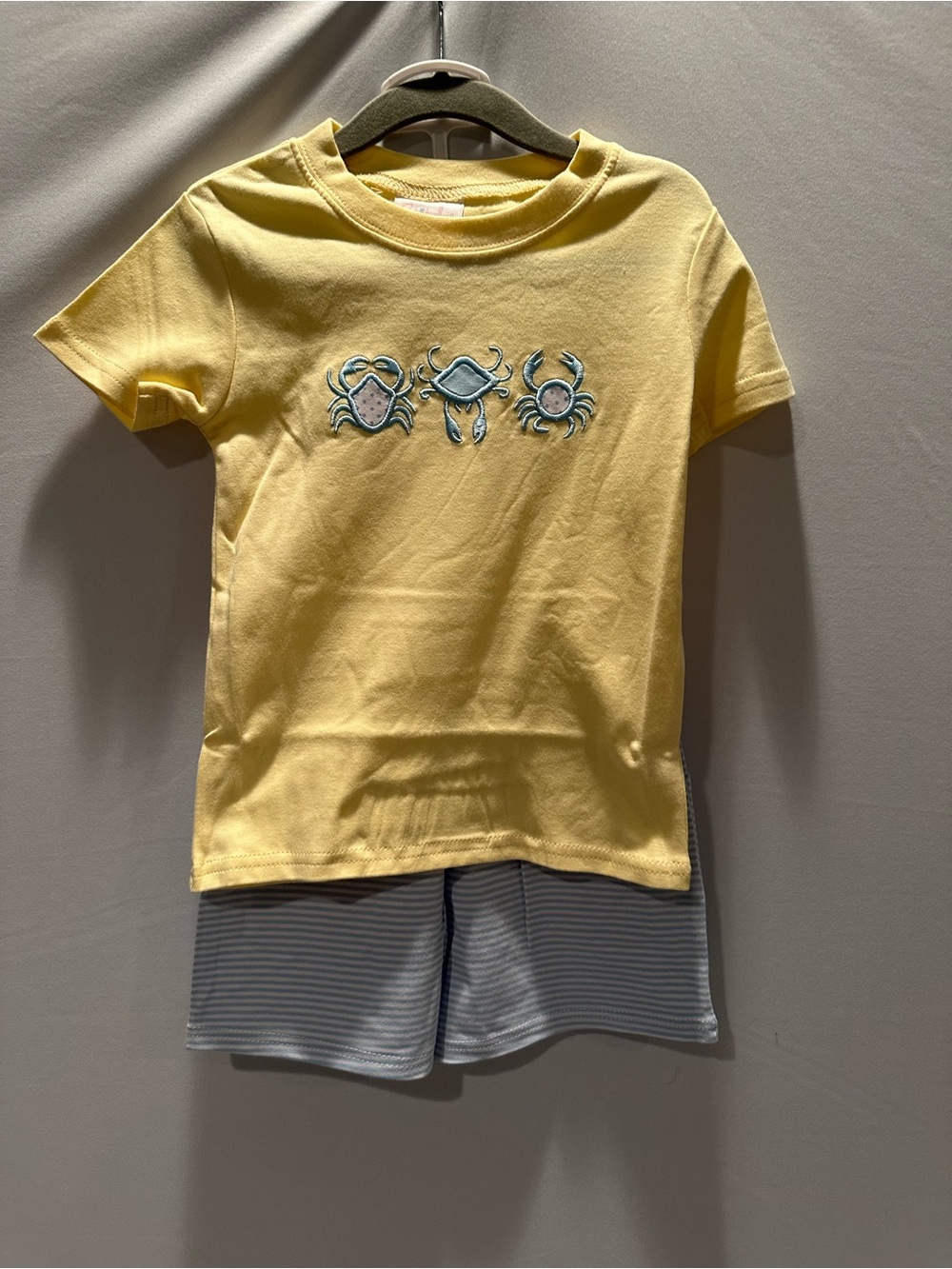Yellow Kids' Short Sleeve Tee with Crab Appliqué & Matching Shorts